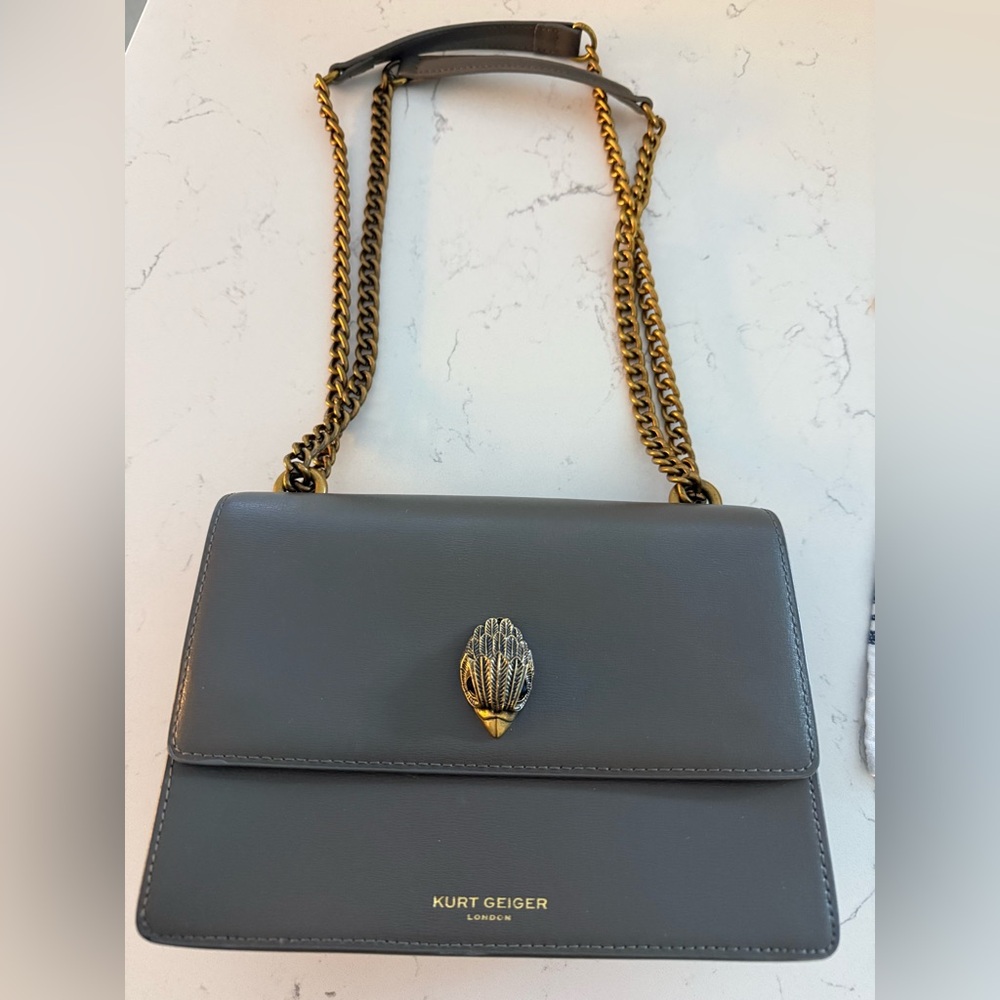KURT GEIGER SHOREDITCH Taupe Green Crossbody Shoulder Bag Gold Chain Medium